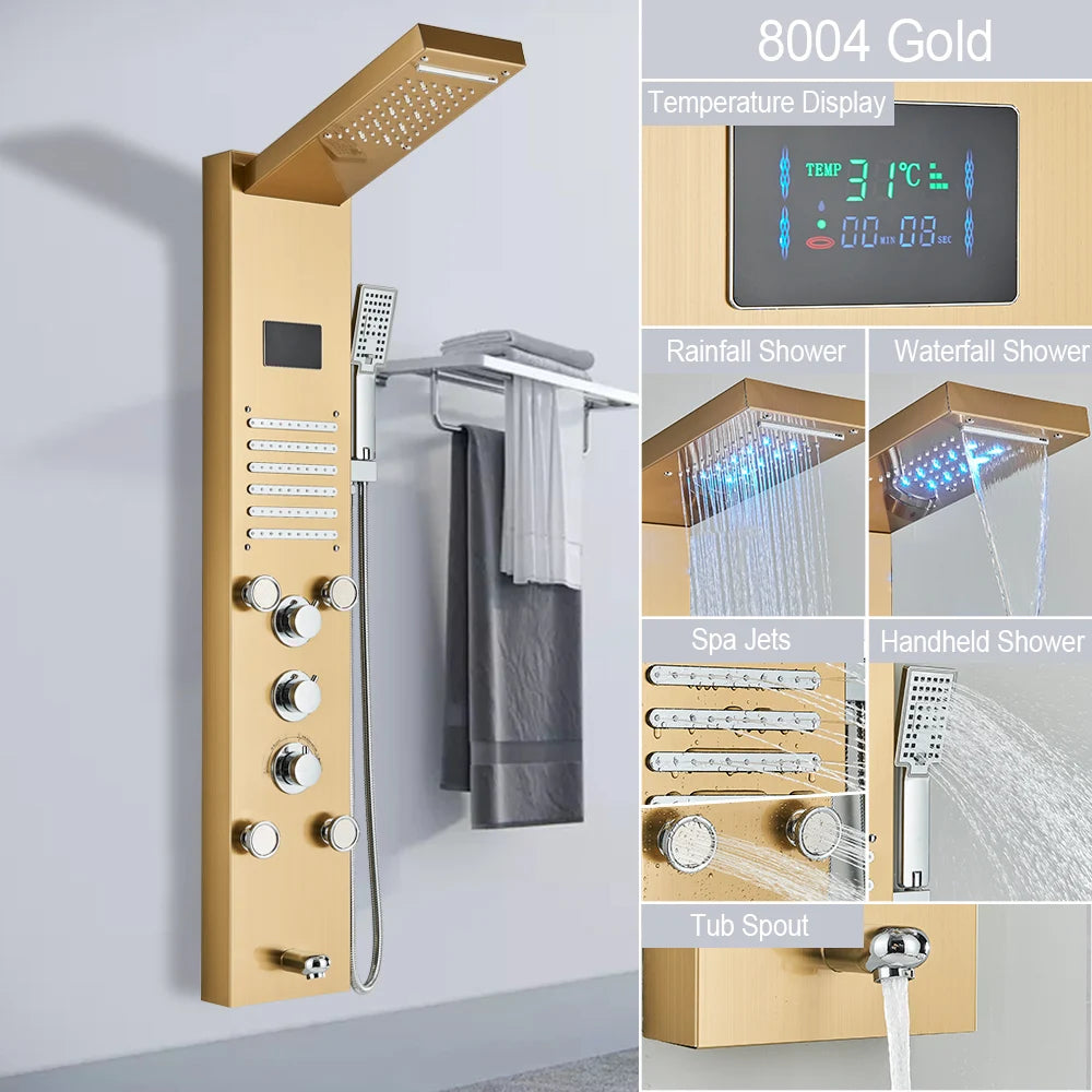 LED Light Shower Panel Waterfall Rain Digital Display Shower Faucet Set SPA Massage Jet Bathroom Column Mixer Tap Tower System
