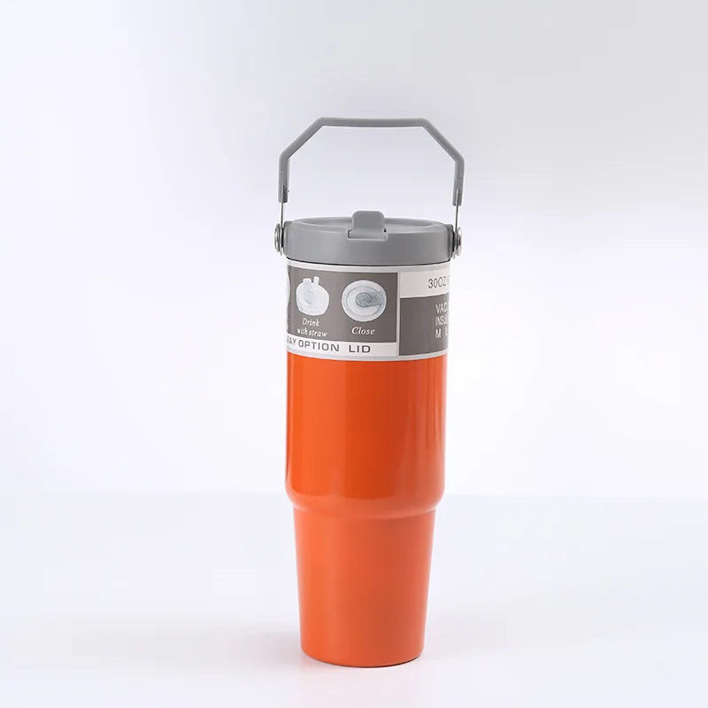 30OZ Portable Car Cup Stainless Steel Thermos Cup with Straw Travel Sports Water Bottle With Handle Cover Coffee Vacuum Flask