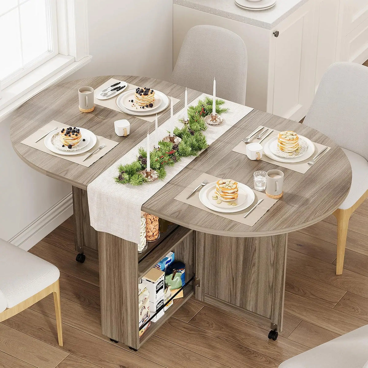 3-in-1 Folding Dining Table With Wine Rack, Drawer & Cup Holders, Drop Leaf Oval Kitchen Table On Lockable Casters For Small Spaces