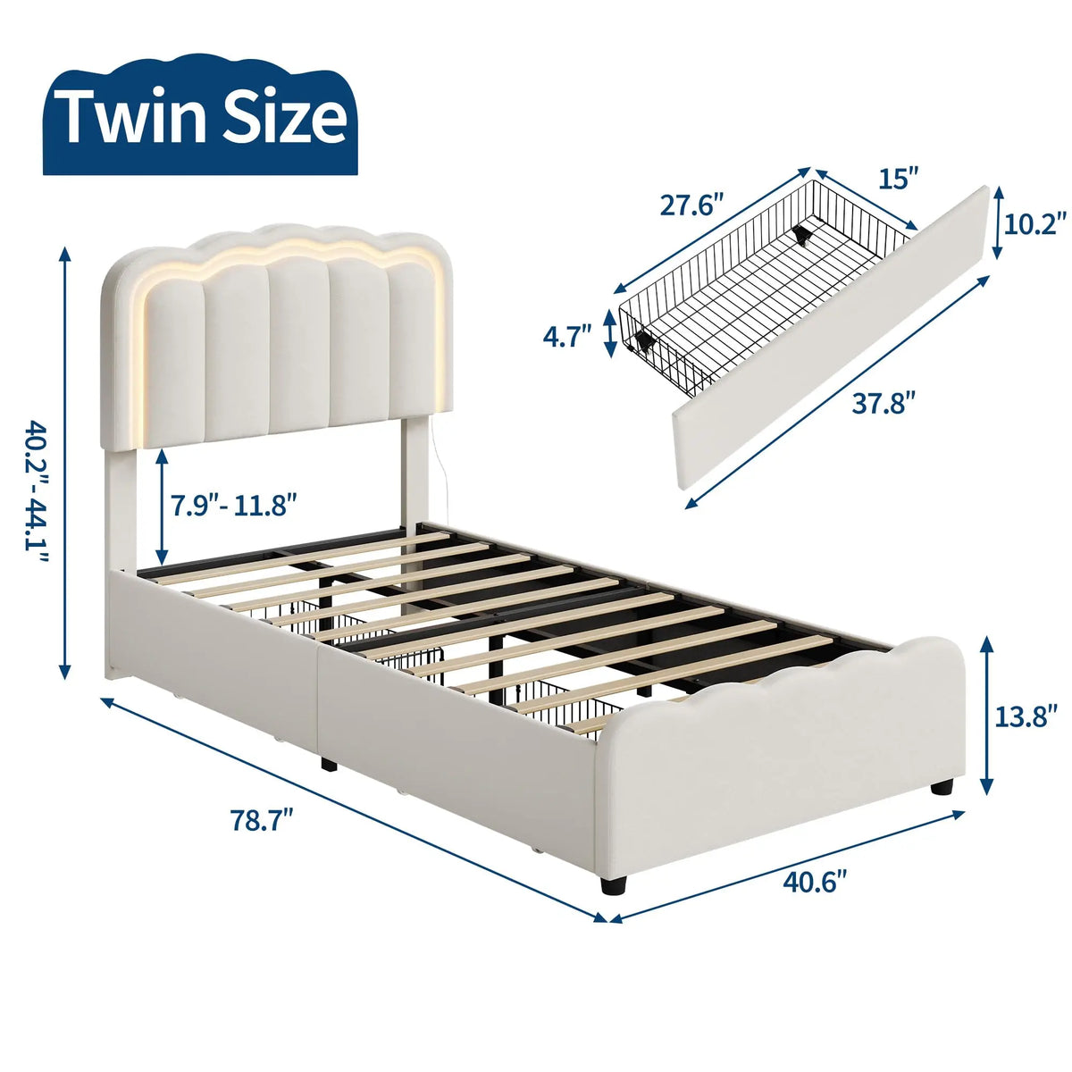 Twin Bed Frame With 2 Storage Drawers LED Lights Upholstered Platform Bed Adjustable Headboard No Box Spring Wood Slats