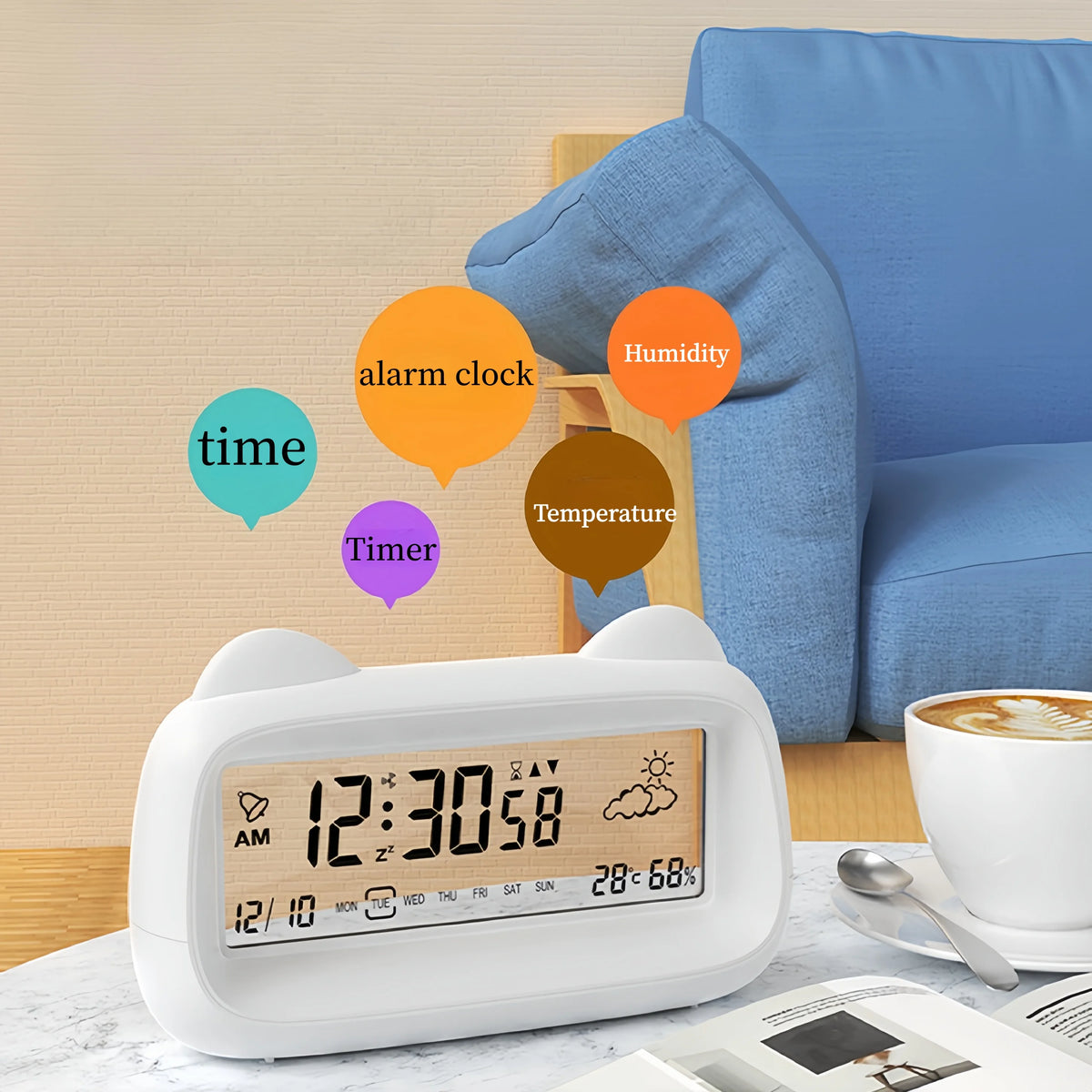 Battery Powered Digital Alarm Clock Temperature Humidity Date Week Timing Countdown Cute Silent Backlight Snooze LCD Clock