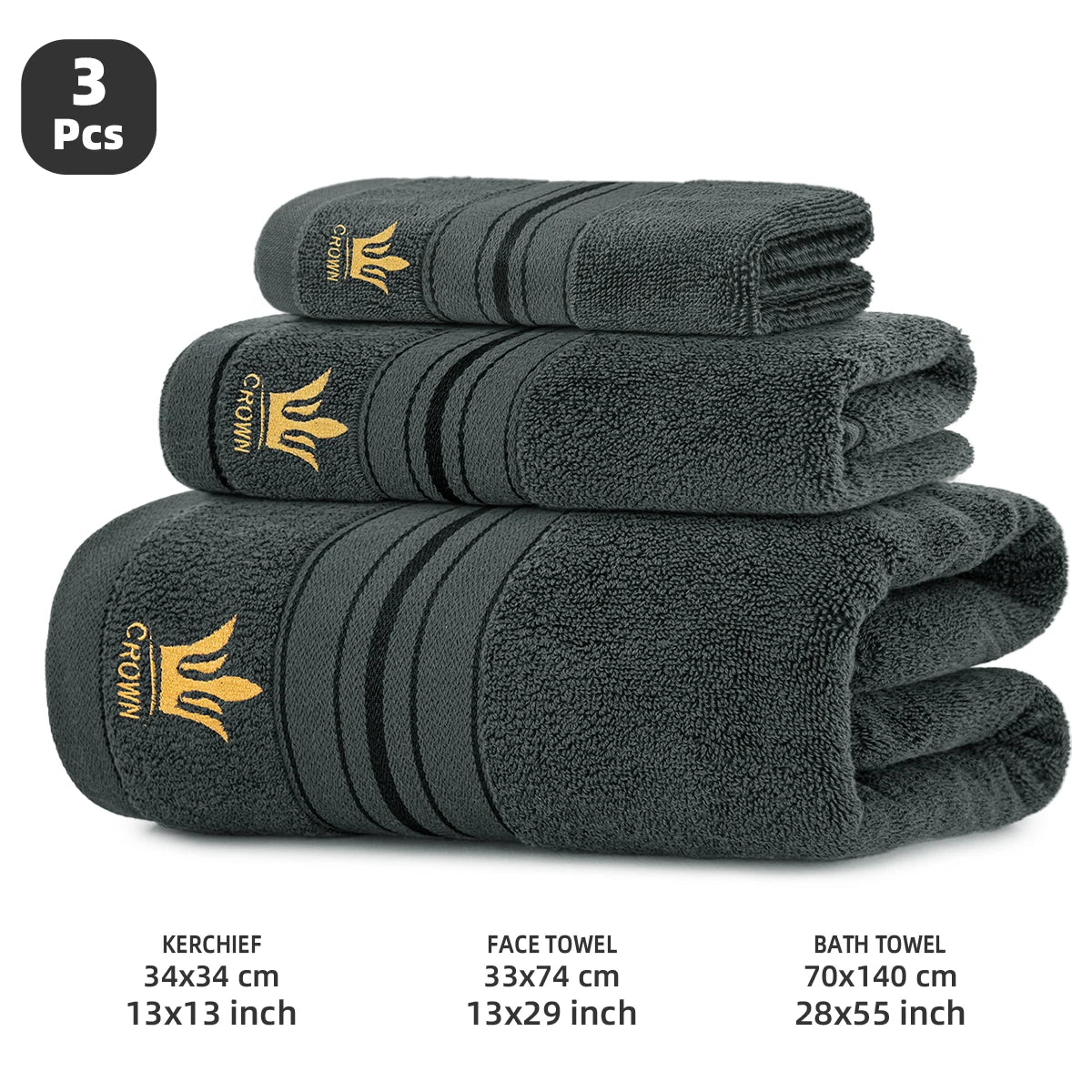 3‑Piece 100% Cotton Towel Set, 1 Bath Towel + 1 Hand Towel + 1 Face Towel, Crown Pattern, High Water Absorbency & Quick‑Drying Towels