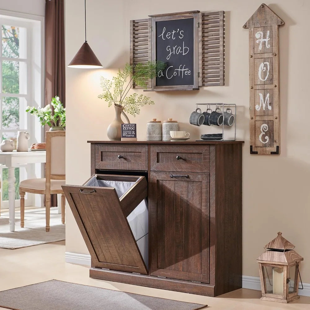 Double Tilt Out Laundry Hamper Cabinet 20 Gal Farmhouse Trash Can with Drawer Wood Garbage Bin for Bathroom Kitchen Brown