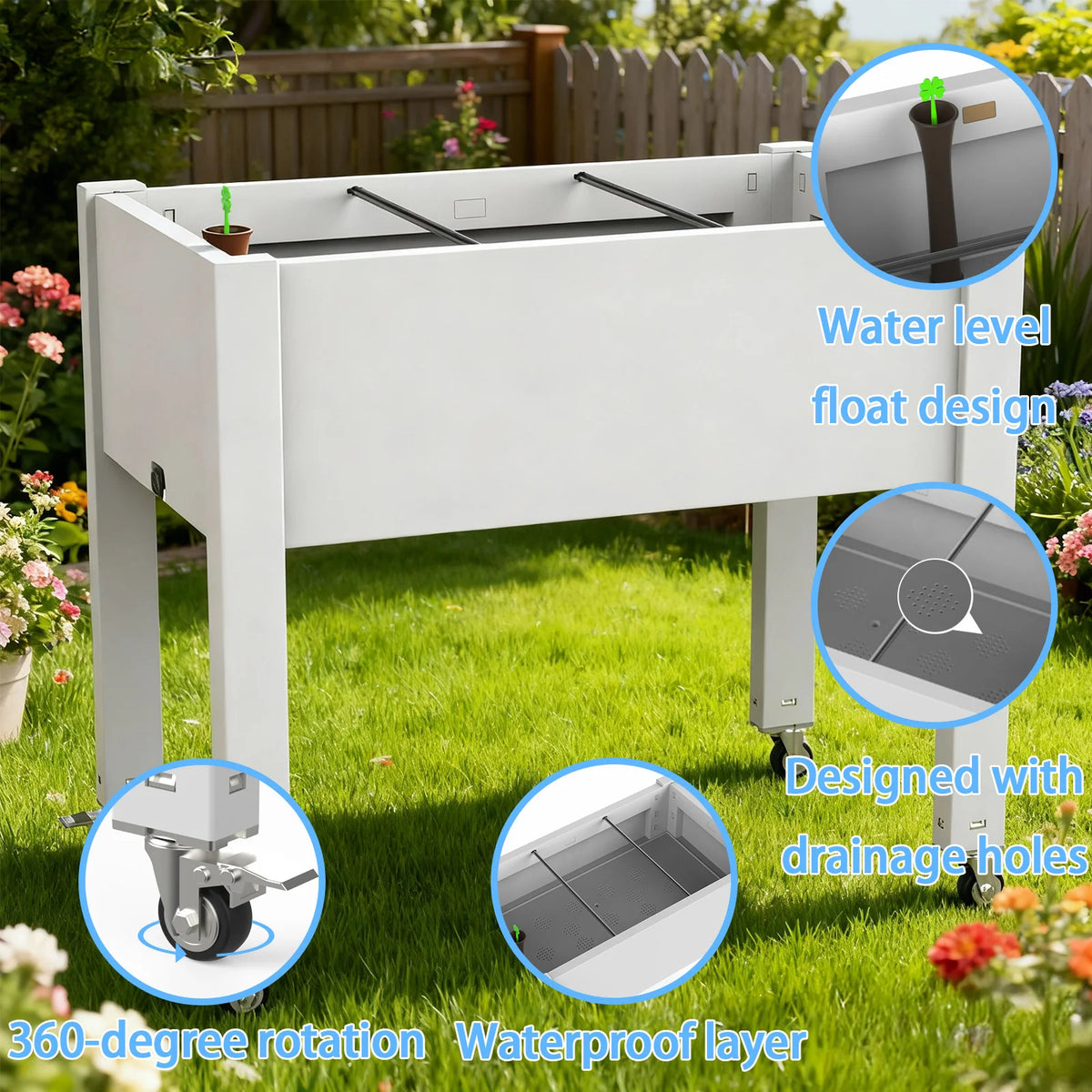Elevated Raised Garden Bed with Rolling Wheels, Outdoor Freestanding Planting Stand for Flowers Vegetables Patio Backyard