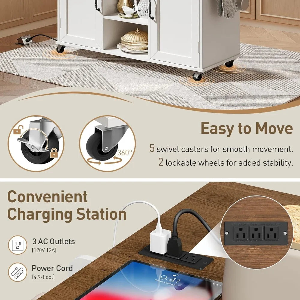 Kitchen Island Cart with Storage, Wheels, Power Outlet, Drop Leaf, Drawer & Spice Rack, White Walnut