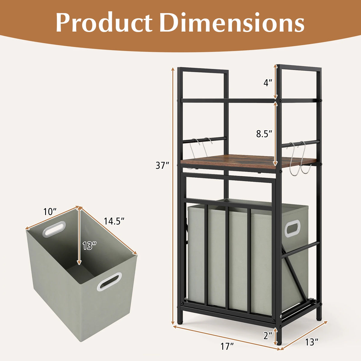 2-Tier Laundry Hamper w/ Tilt-out Basket, Laundry Sorter w/ 4 Hooks & Removable Bag