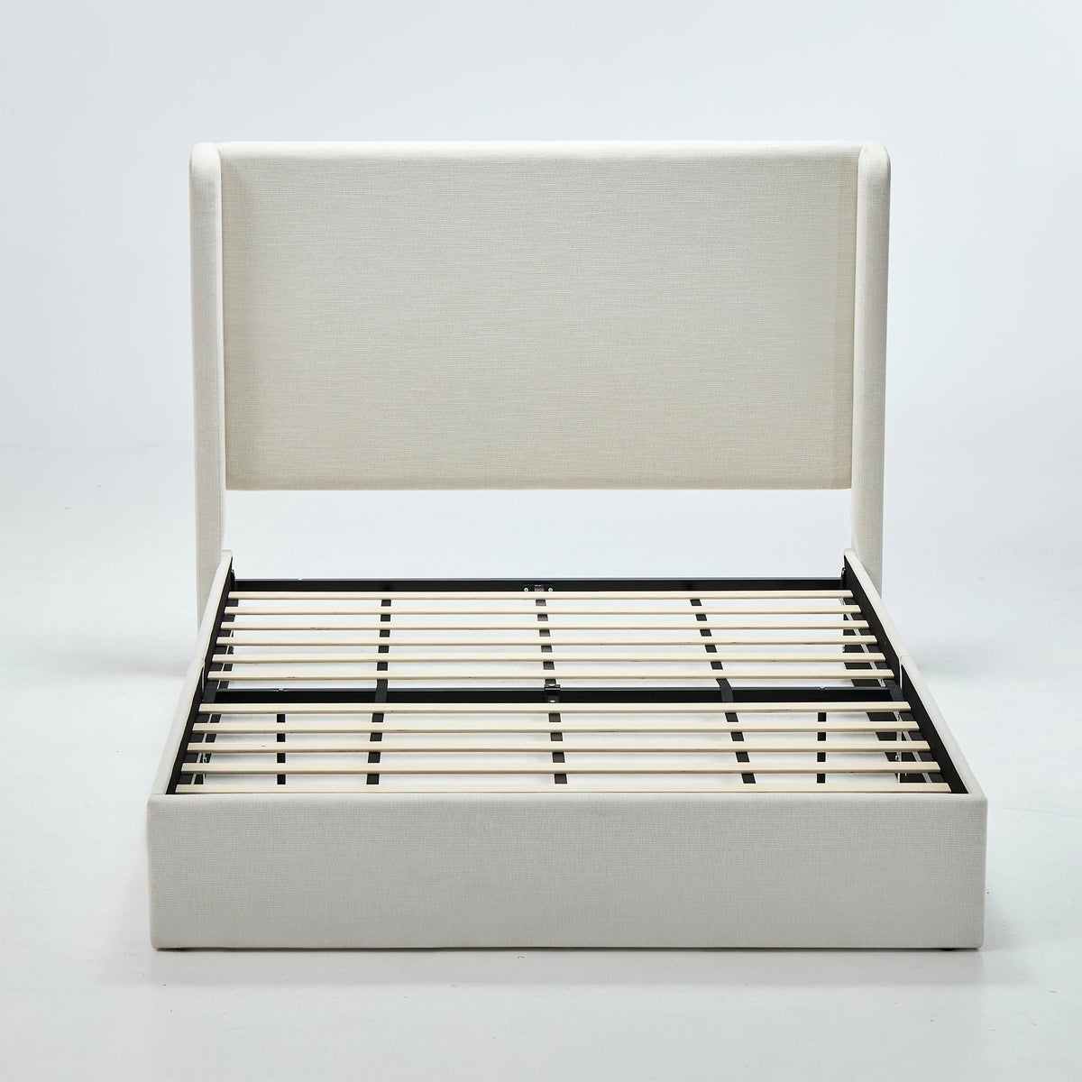 Carmen Upholstered Wingback Platform Bed, 54" High Headboard, Textured Ivory Canvas, No Box Spring Needed, Quiet & Sturdy, Queen