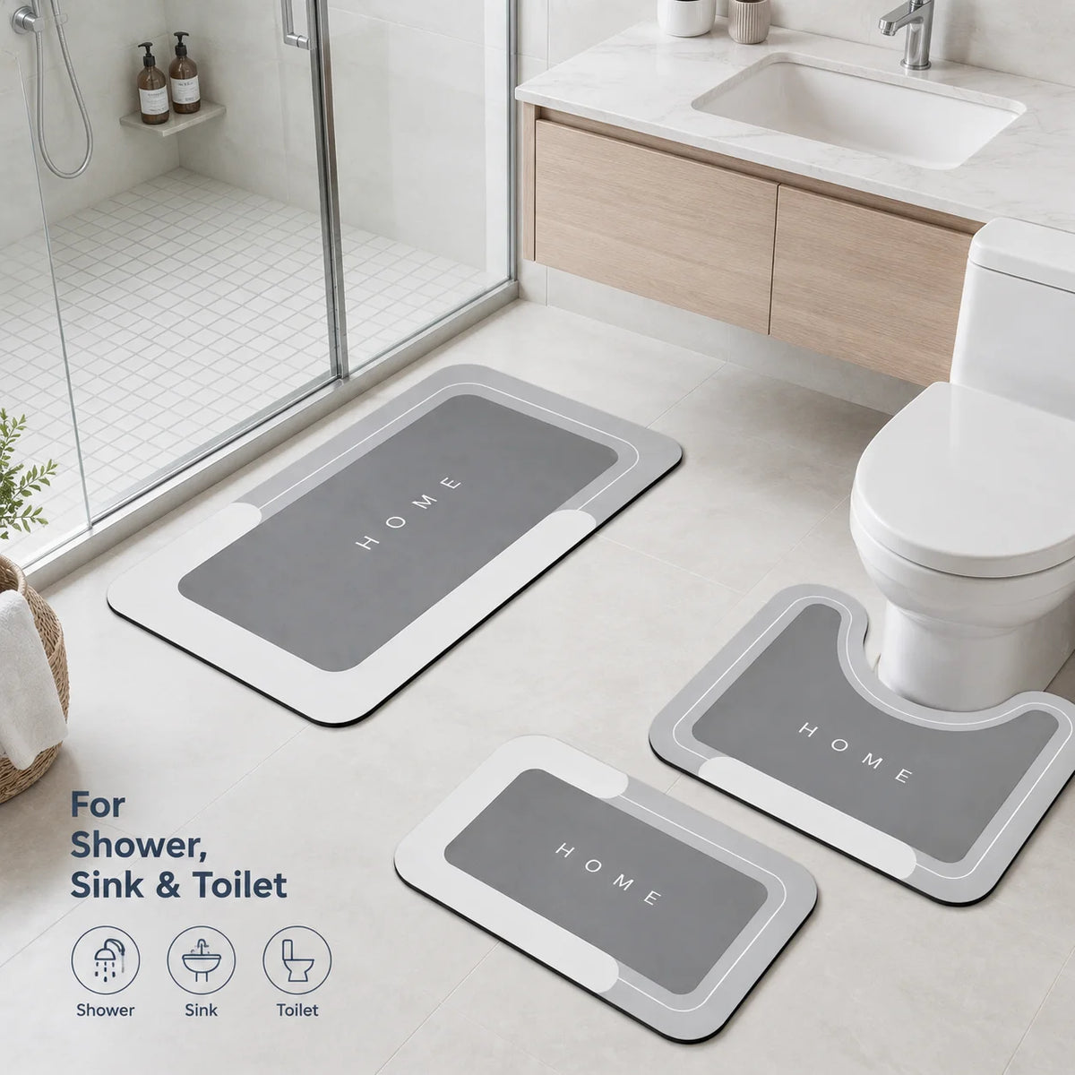 Bathroom Rugs Set 3 Piece, Super Absorbent Quick-Dry Bath Mat with Non-Slip Backing, Bathroom Floor Mats, Soft Diatomaceous Earth Bath Rug Set for Shower, Tub & Toilet