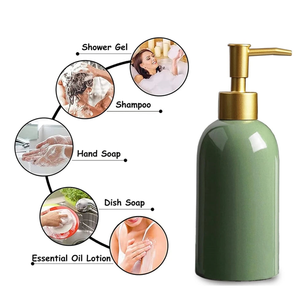 Modern Green Ceramic Soap Dispenser with Golden Pump Refillable Lotion Bottle for Bathroom Kitchen Decor