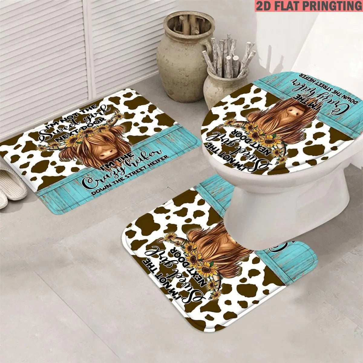 1pc/4pcs Shower Curtain and Bath Mat Set with print pattern Cow Print With Sunflowers And Text Design Non-Slip Bathroom Decor