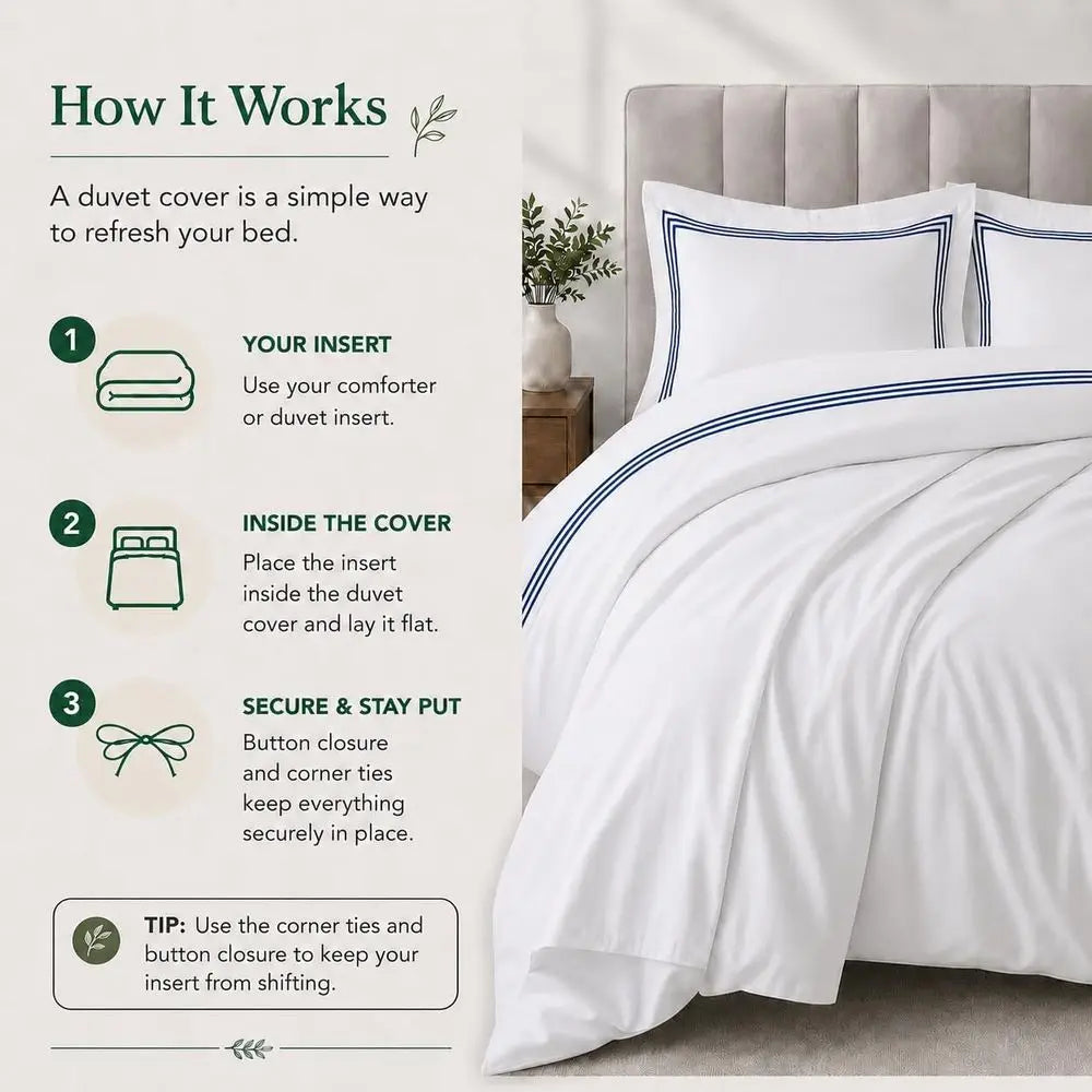 Navy Blue Percale Duvet Cover Set with Embroidered Comforter and Pillow Shams (Full/Queen)