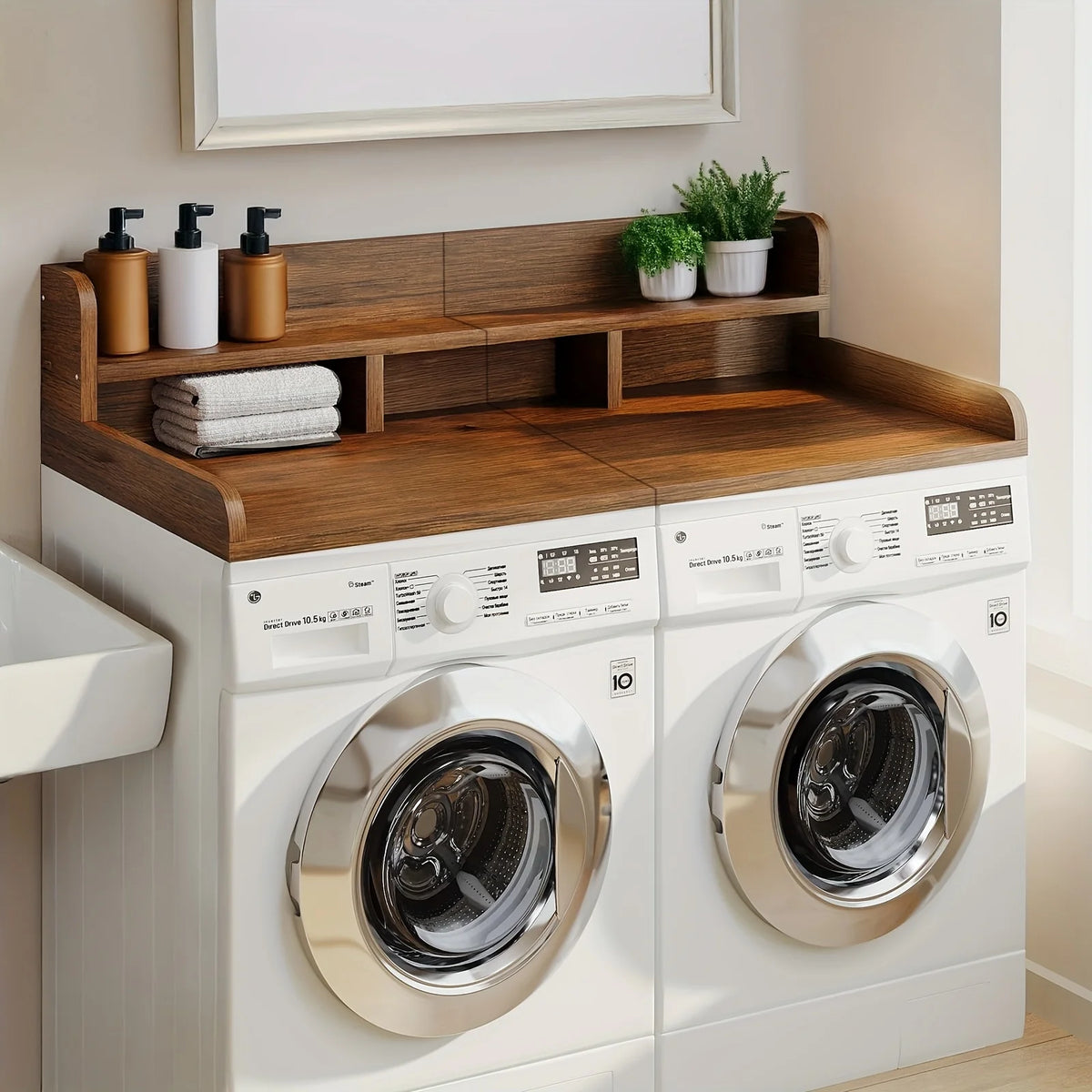 Washer Dryer Countertop Organizer | 54"x27.5" Wood Shelf Topper with Edge Guard | Double Layer Laundry Storage & Organization