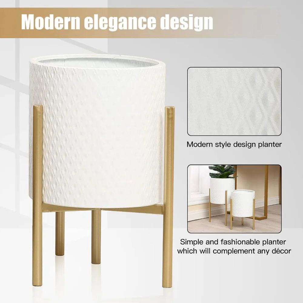 2Pcs White Planter w/ Gold Stand, Indoor Flower Pot, Floor Plant Pot
