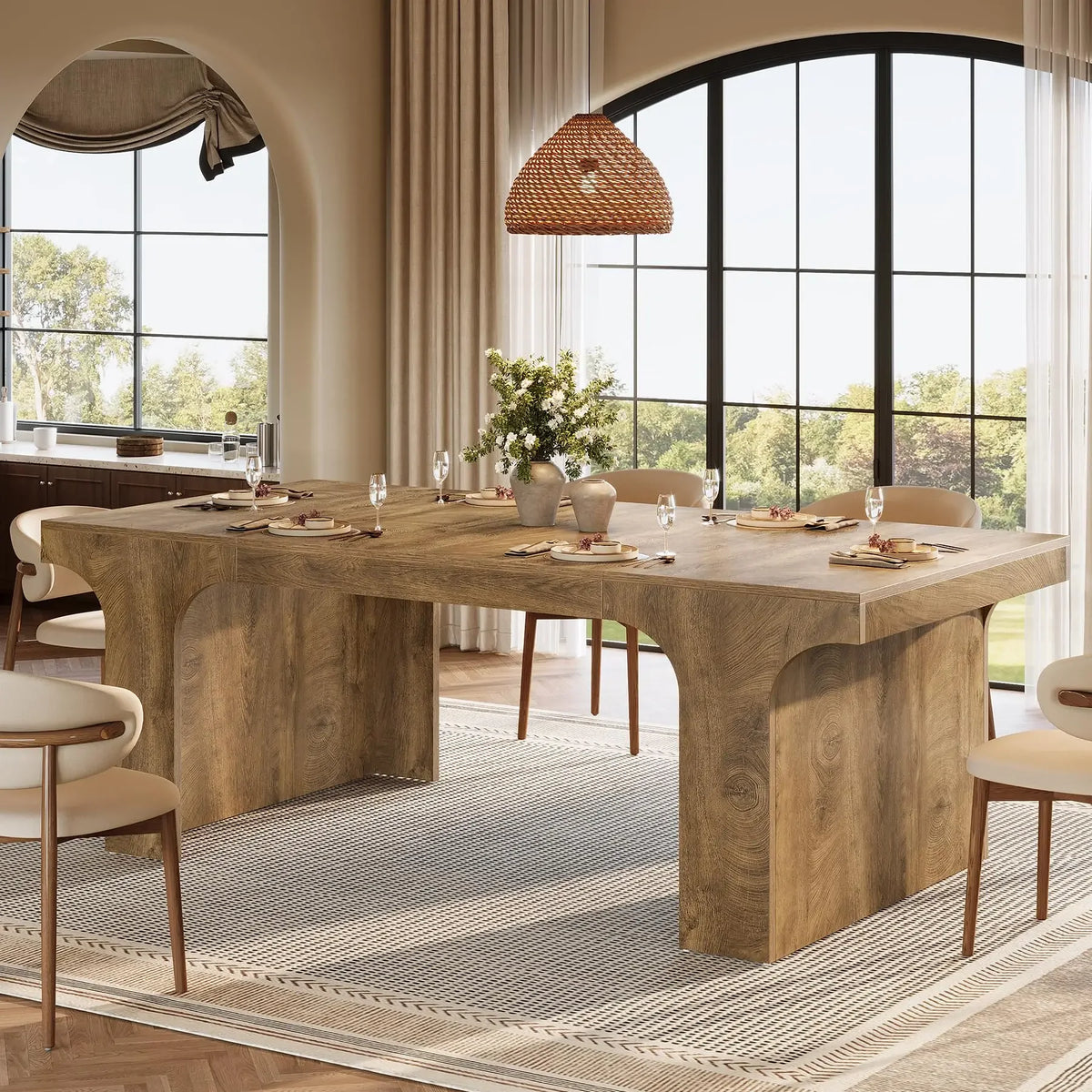 Tribesigns 71-Inch Farmhouse Dining Table for 6-8, Long Wooden Kitchen Table with Arched Design, Large Rectangular Dining Room