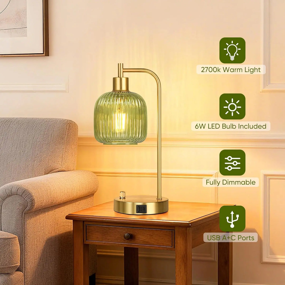 Industrial Table Lamp Set of 2 Green Glass with USB A&C Ports Stepless Dimmable Gold Nightstand Lamps for Bedroom Living Room