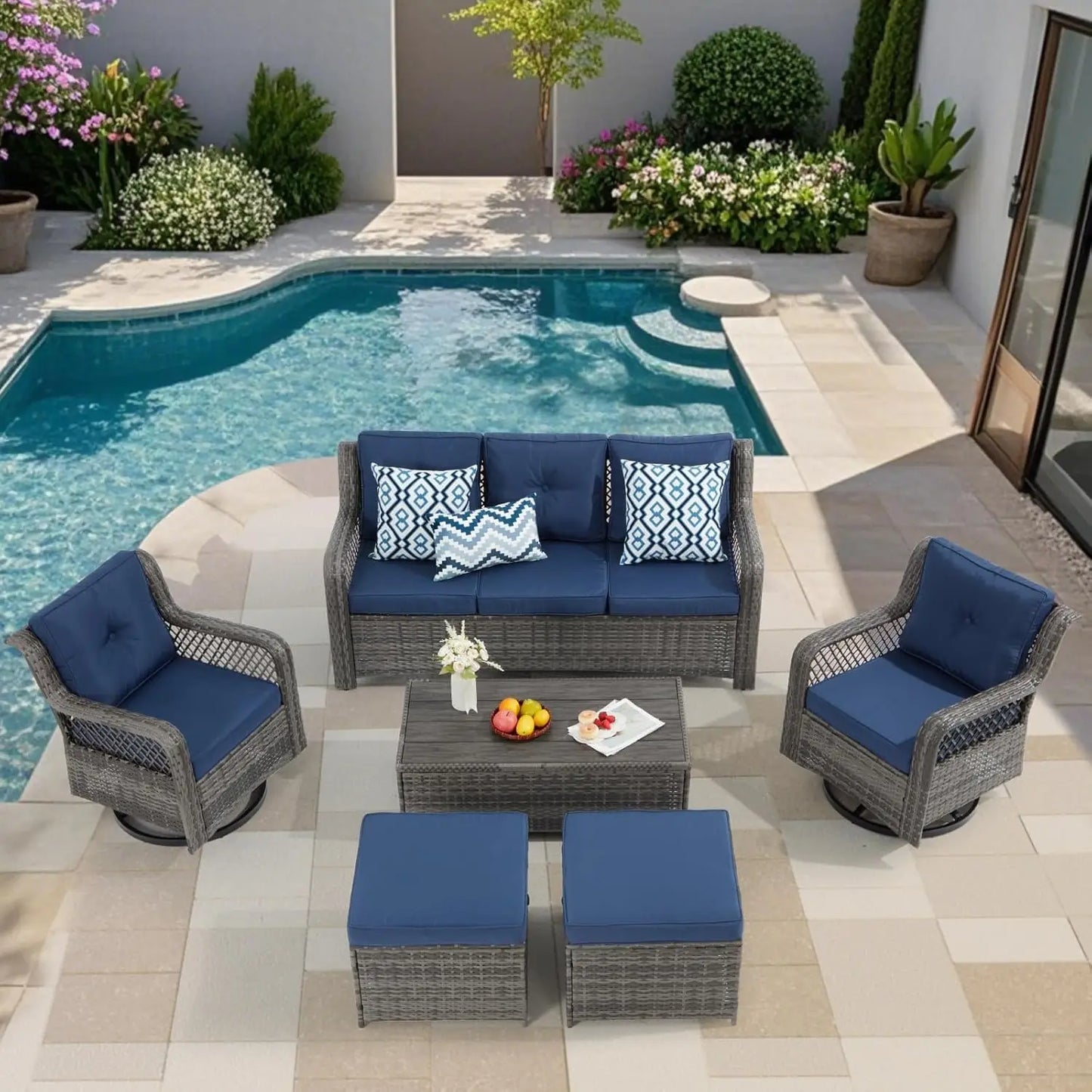 6 Pieces Wicker Patio Furniture Set Conversations Sets, 2 Outdoor 360° Swivel Chairs, Patio Swivel Chair with Table, Customized