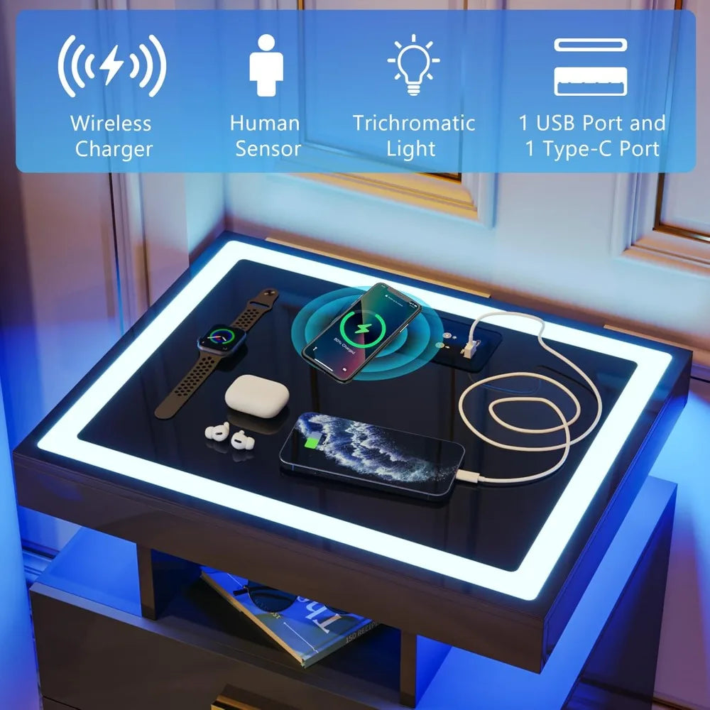 2 Set LED Nightstands with Wireless Charger Station and Auto Sensor, Black