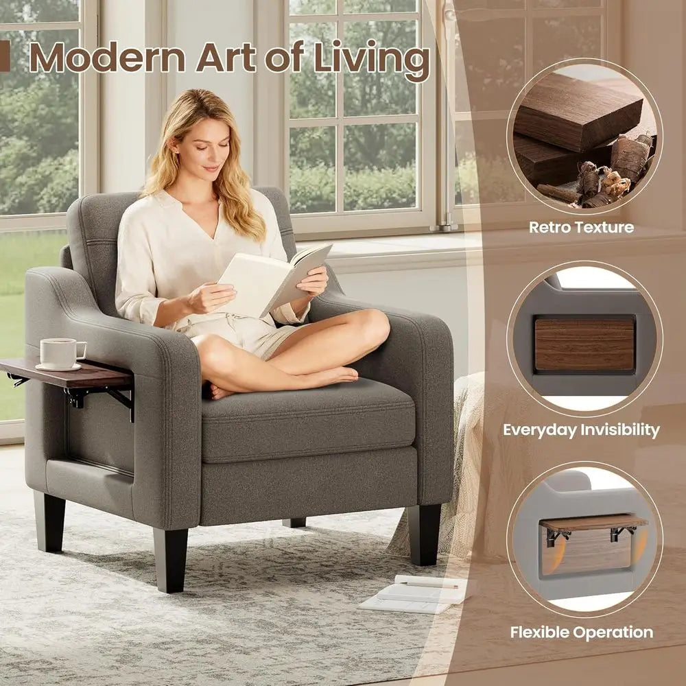 Ern Linen Upholstered Armchair Wooden Side Table Adjustable Comfortable Accent Chair for Living Room Fabric Sofa Design
