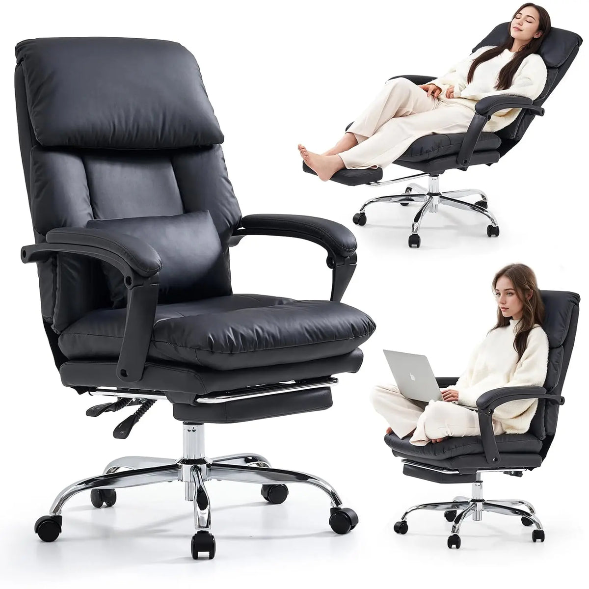Office Chair with Foot Rest Executive Office Chair, PU Leather, Beige | Ergonomic Reclining Office Chair High Back, Customized