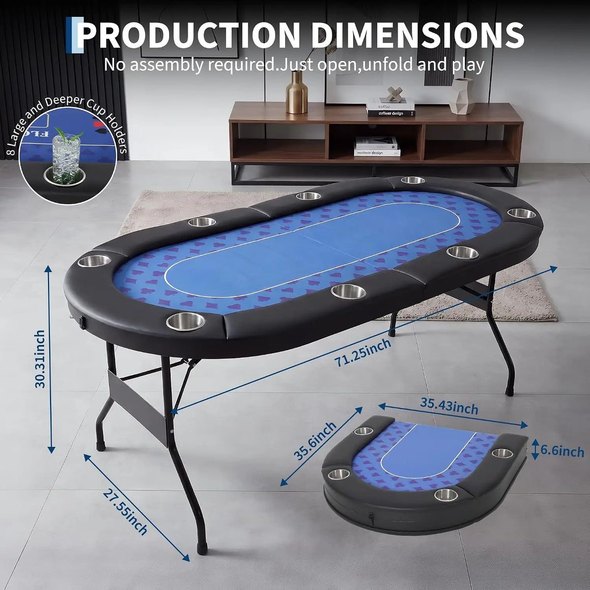 Portable 8 Player Foldable Poker Table With Padded Rail Deepened Cup Holders And 2 Interchangeable Play Mats Plus Fold Lock Latch For Texas HoldEm Blackjack