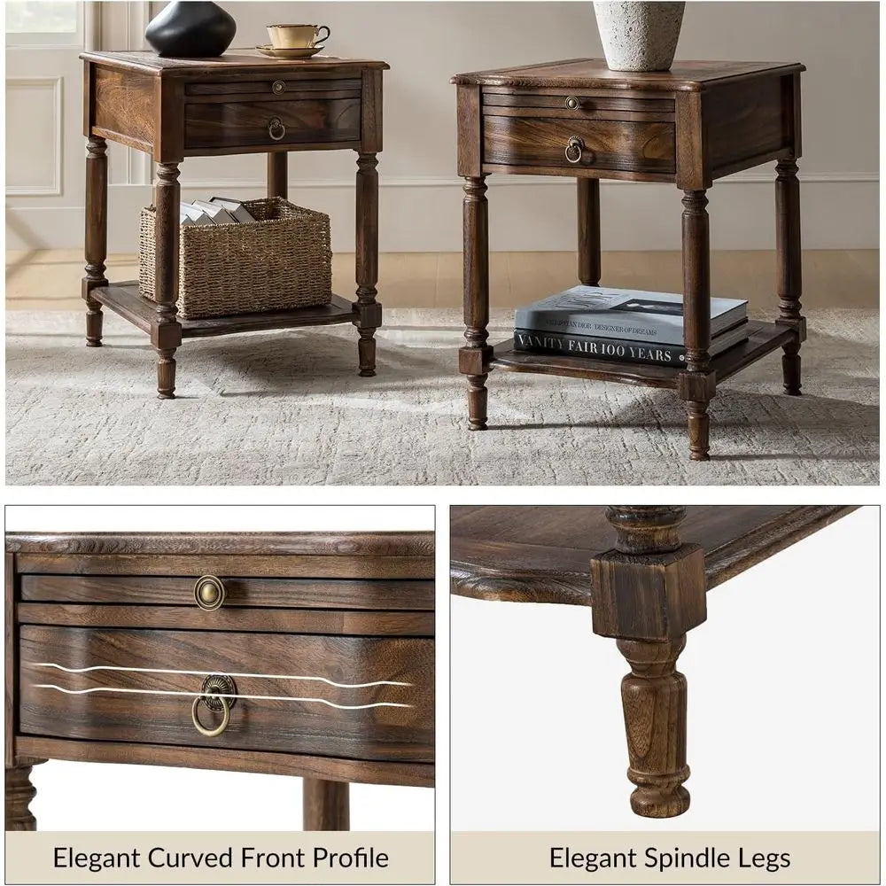 Small End Table with Charging Station, Solid Wood Side Table with a Der & Open Shel, Vintage inish, Spindle Legs(Walnut, Set o 2