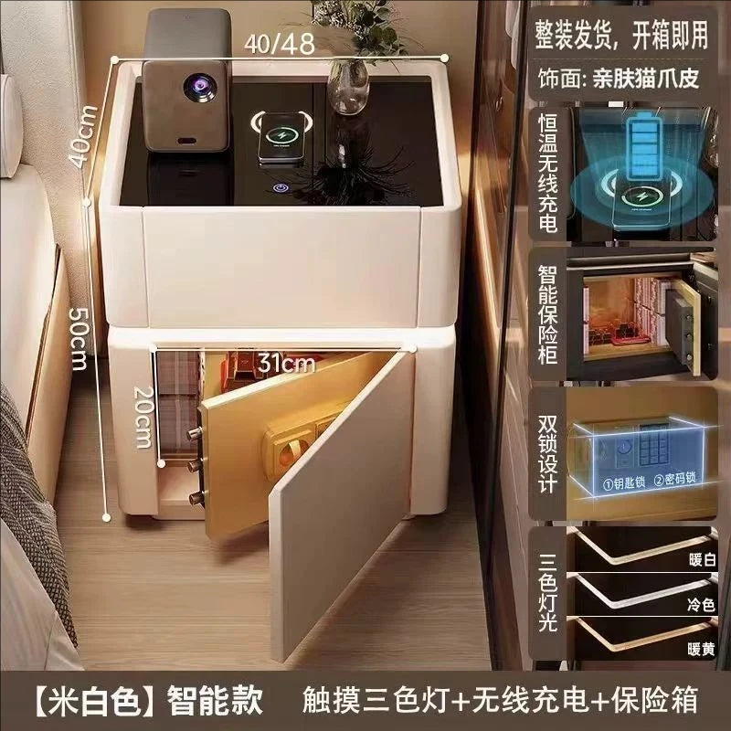 Modern Decor Bedside Table With Charging Station Tricolor Lamp Nightstands Fingerprint Lock Guard Against Theft Room Furniture
