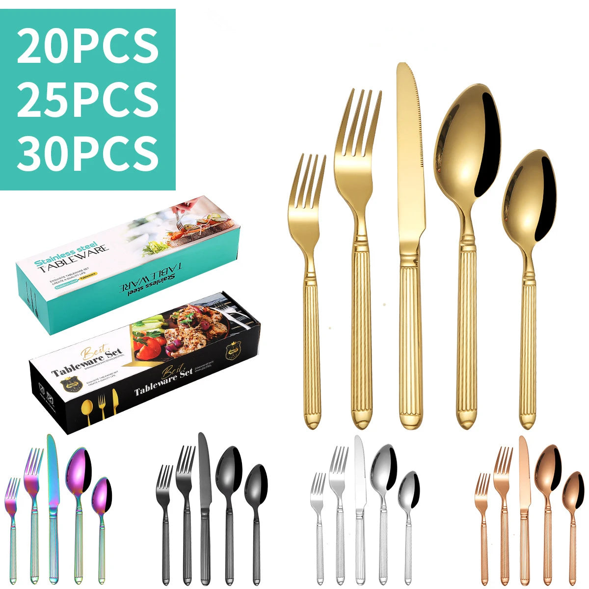 20/25/30 Pcs Classical Golden Cutlery Set Stainless Steel Gold Flatware For 4 Silver Dinnerware Knife Spoon Fork Drop Ship