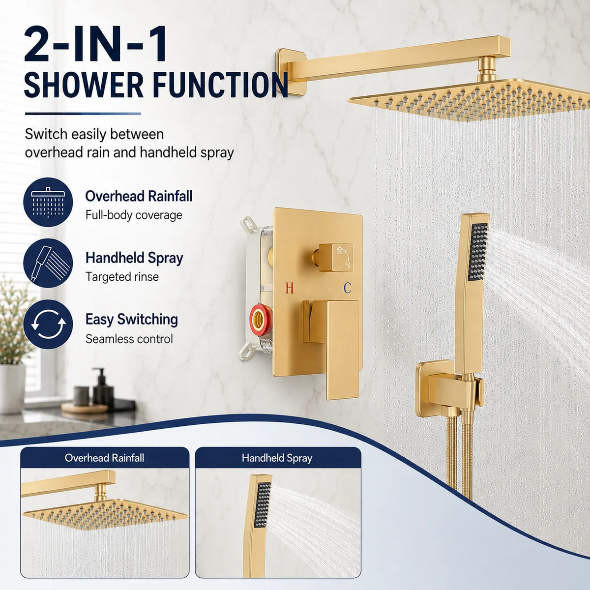 Brushed Gold Concealed Shower System, Square (10/12 Inch) Rain Shower Head with Handheld Spray, Wall Mount Built-in Shower Faucet Set, Bathroom Mixer Tap Shower Kit
