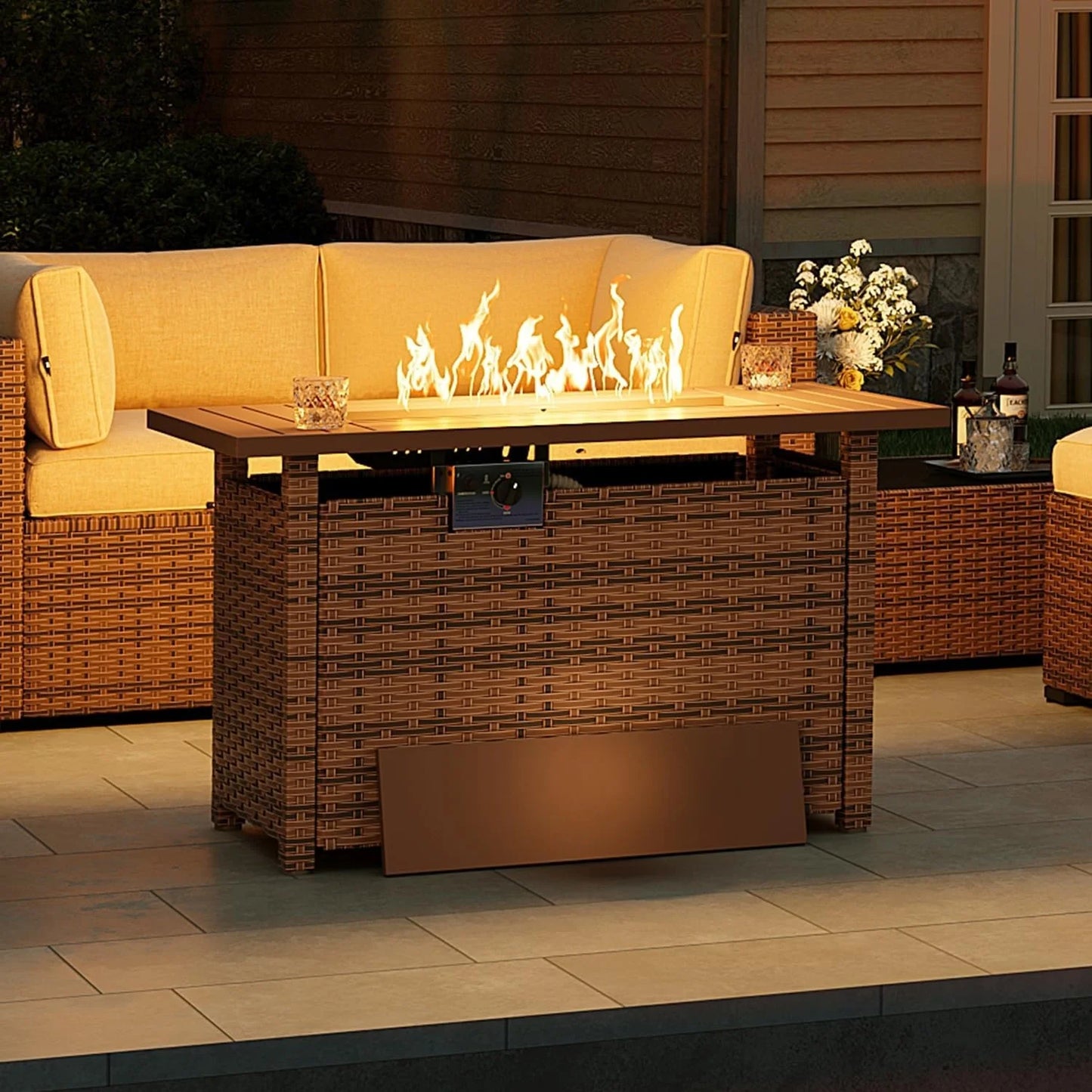 Nordivale 44'' Outdoor Wicker Gas Fire Pit Table, 50,000 BTU Propane Firepit with Lid, Patio Furniture Set for Backyard Poolside Garden (Brown)