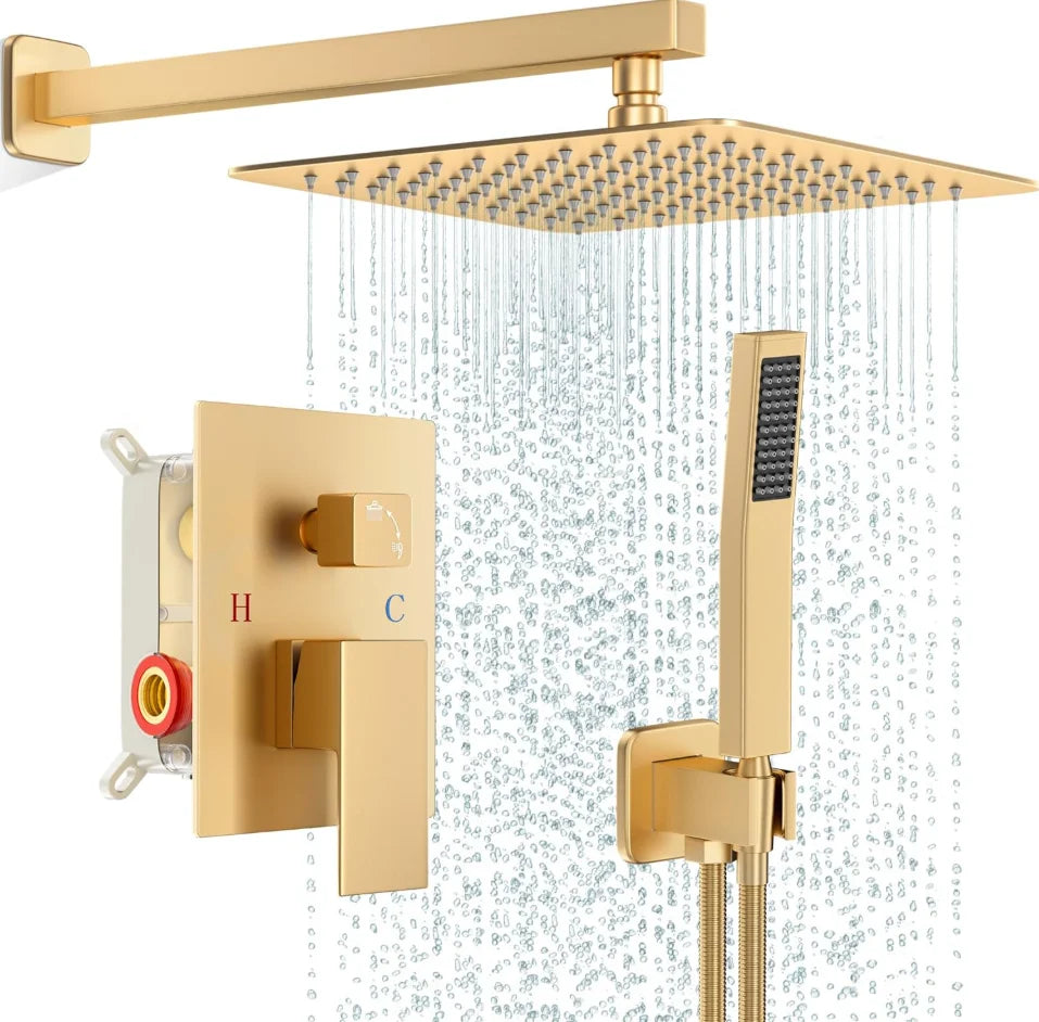 Brushed Gold Concealed Shower System, Square (10/12 Inch) Rain Shower Head with Handheld Spray, Wall Mount Built-in Shower Faucet Set, Bathroom Mixer Tap Shower Kit