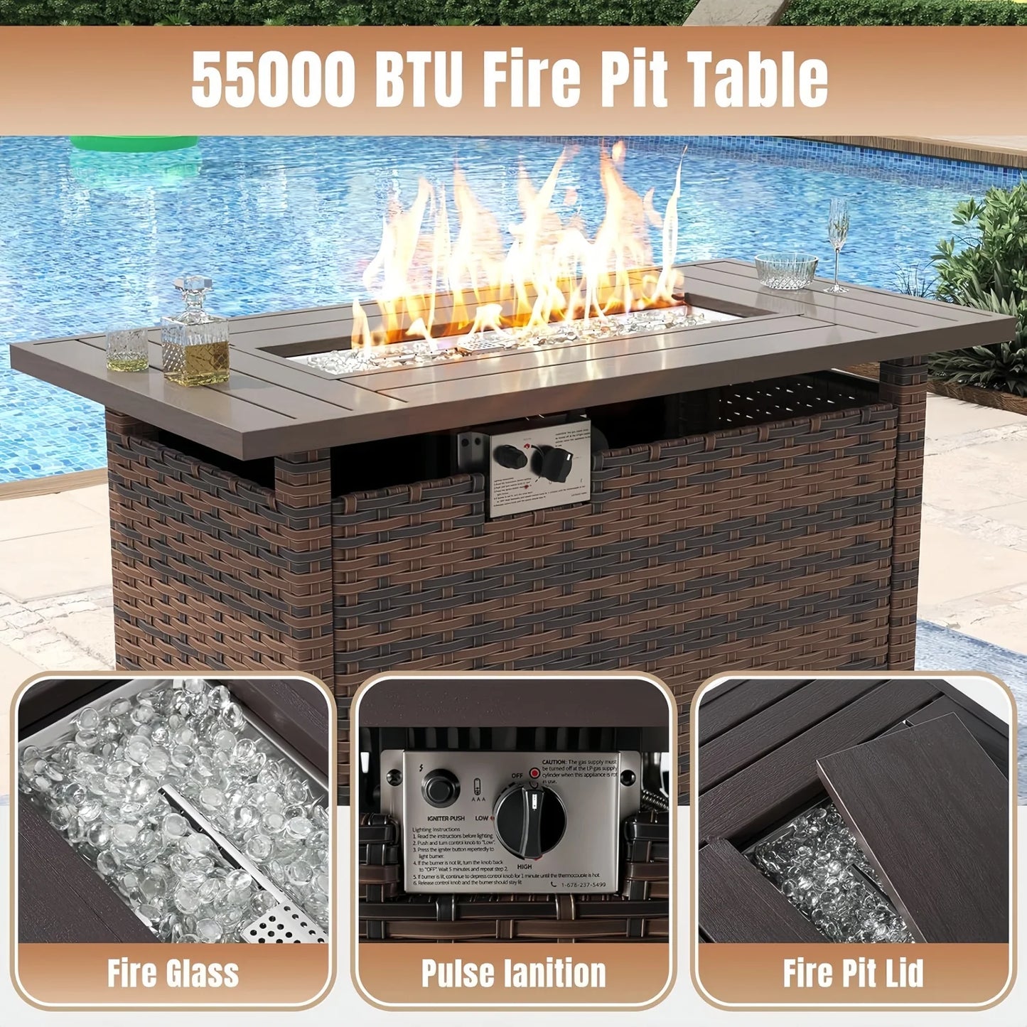 Nordivale 44'' Outdoor Wicker Gas Fire Pit Table, 50,000 BTU Propane Firepit with Lid, Patio Furniture Set for Backyard Poolside Garden (Brown)