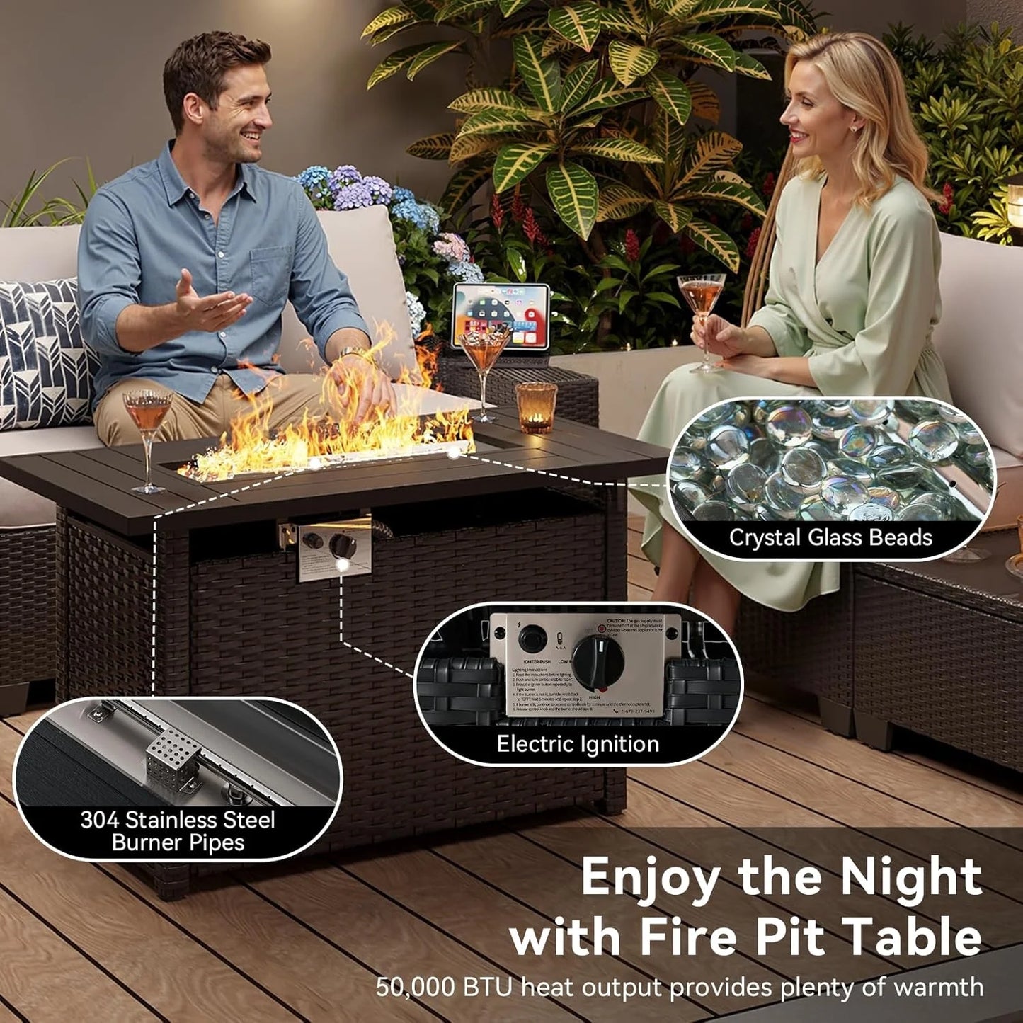 Nordivale 44'' Outdoor Wicker Gas Fire Pit Table, 50,000 BTU Propane Firepit with Lid, Patio Furniture Set for Backyard Poolside Garden (Brown)