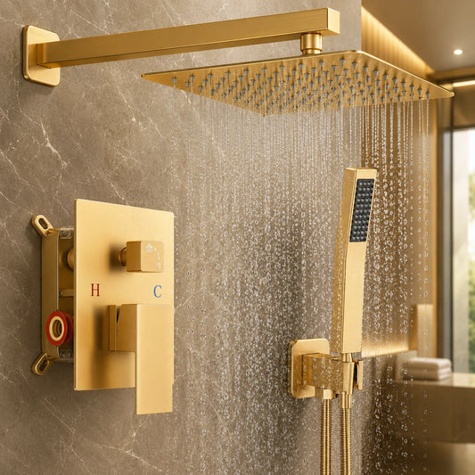 Brushed Gold Concealed Shower System, Square (10/12 Inch) Rain Shower Head with Handheld Spray, Wall Mount Built-in Shower Faucet Set, Bathroom Mixer Tap Shower Kit