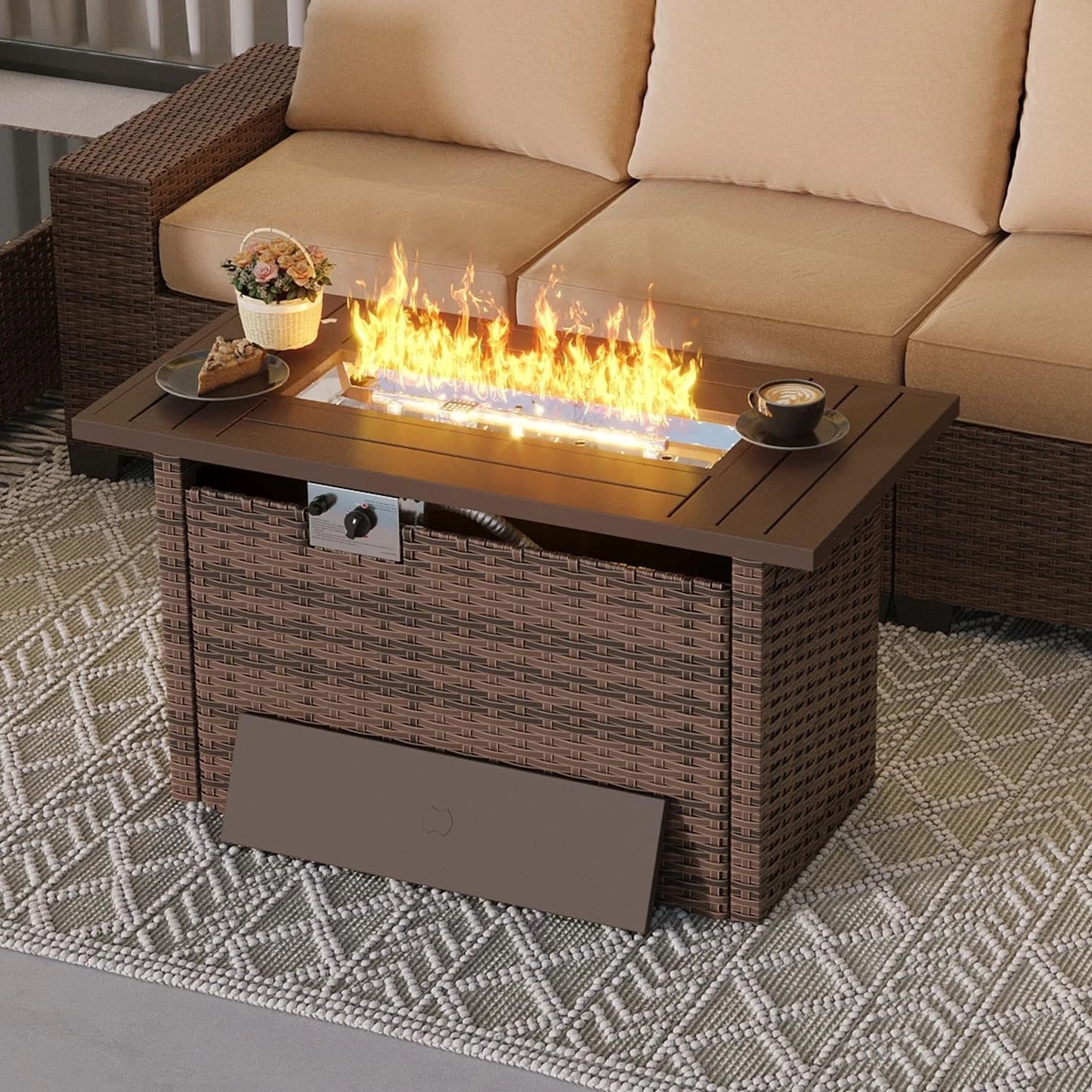 Nordivale 44'' Outdoor Wicker Gas Fire Pit Table, 50,000 BTU Propane Firepit with Lid, Patio Furniture Set for Backyard Poolside Garden (Brown)