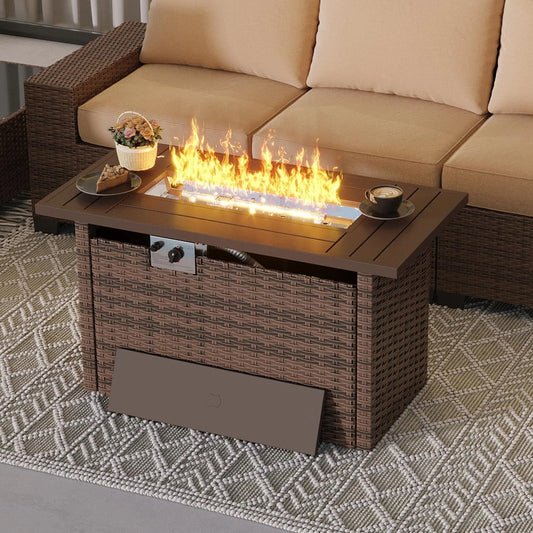 Nordivale 44'' Outdoor Wicker Gas Fire Pit Table, 50,000 BTU Propane Firepit with Lid, Patio Furniture Set for Backyard Poolside Garden (Brown)
