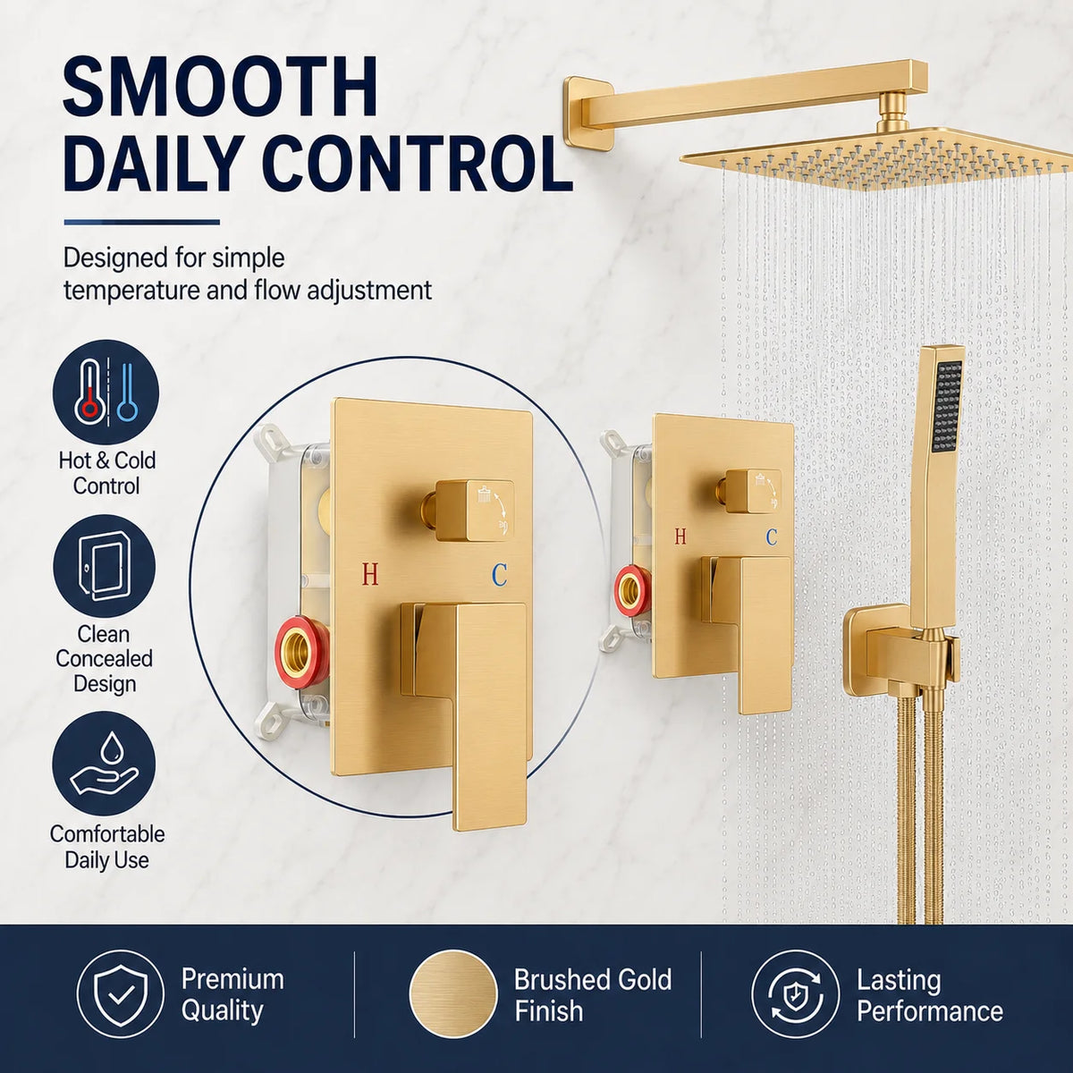 Brushed Gold Concealed Shower System, Square (10/12 Inch) Rain Shower Head with Handheld Spray, Wall Mount Built-in Shower Faucet Set, Bathroom Mixer Tap Shower Kit