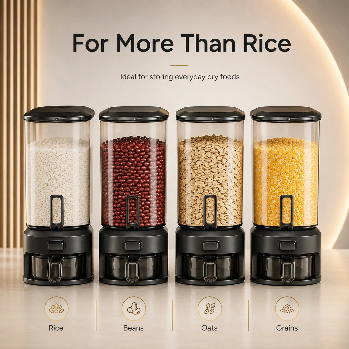 Black transparent rice bucket with measuring cup, one-button press to dispense rice, clear container to see your grains, large-capacity storage for dry foods, cereals, beans, oats, and coffee, perfect for organizing your kitc
