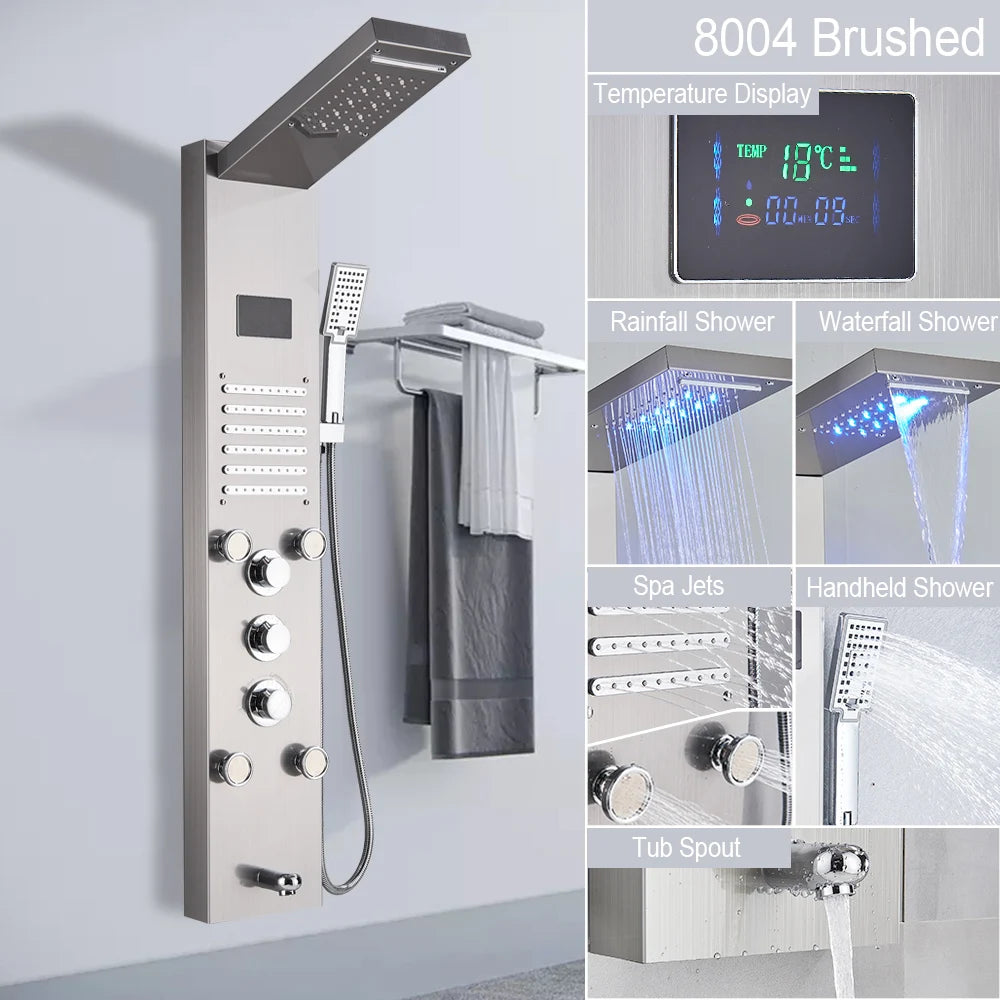 LED Light Shower Panel Waterfall Rain Digital Display Shower Faucet Set SPA Massage Jet Bathroom Column Mixer Tap Tower System