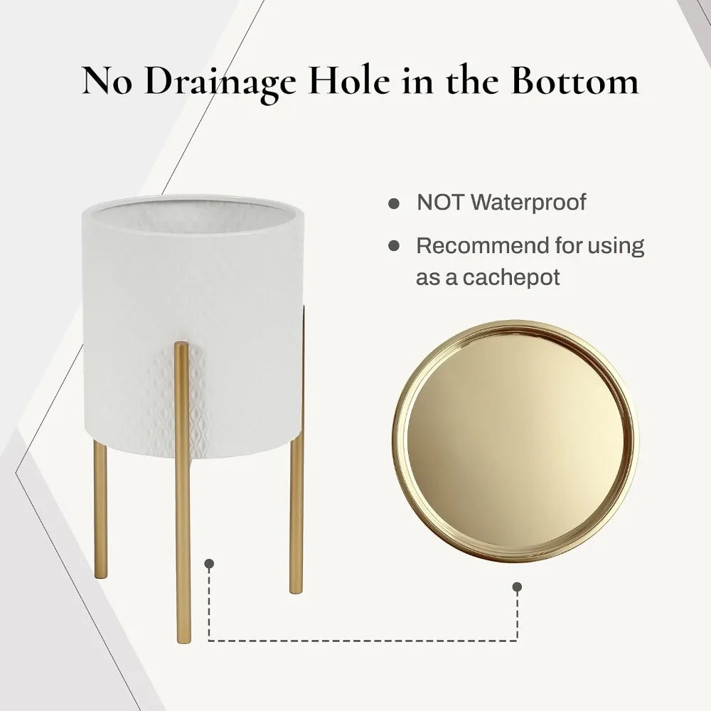 2Pcs White Planter w/ Gold Stand, Indoor Flower Pot, Floor Plant Pot