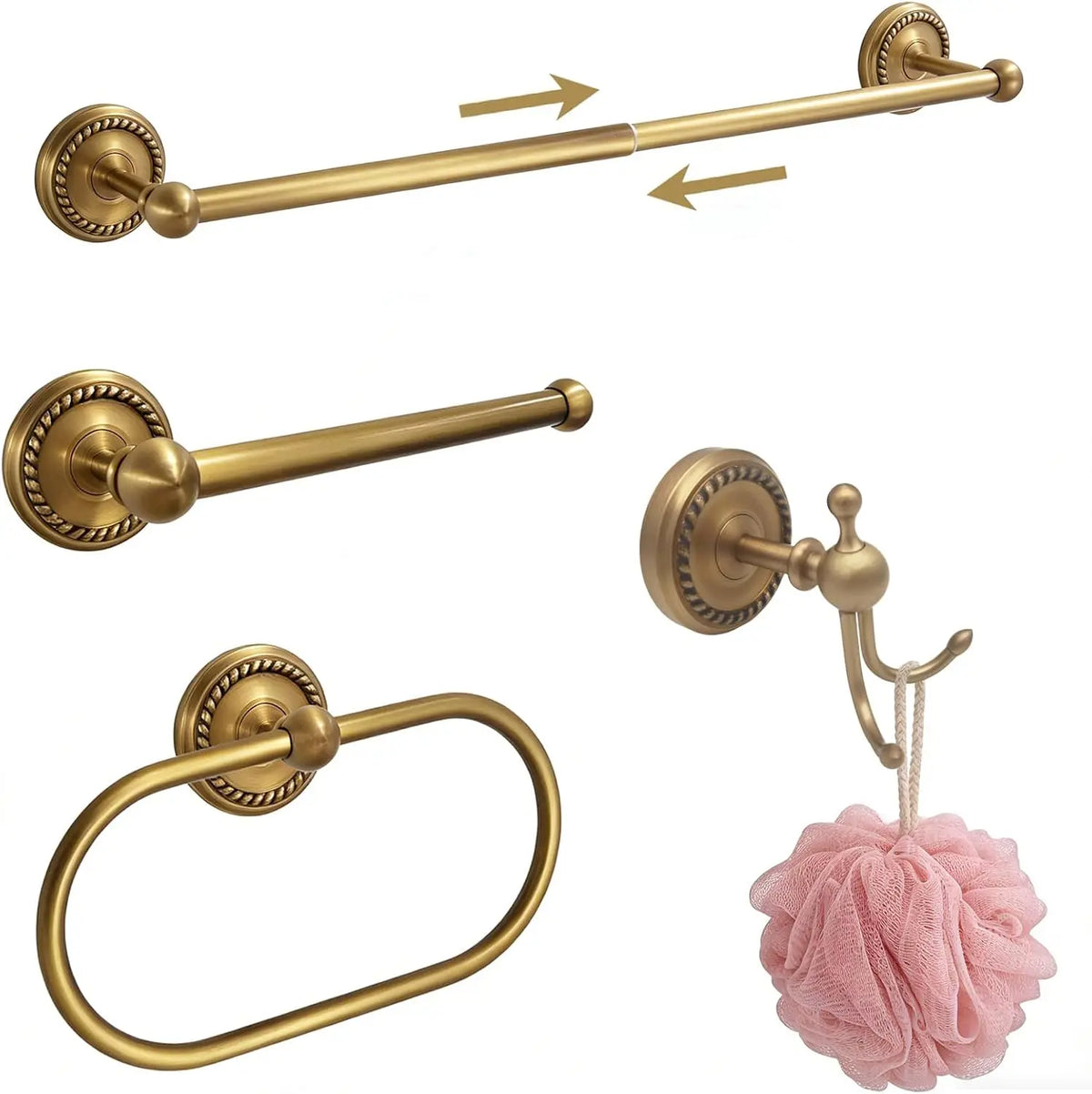 Antique Brass 4-Piece Bathroom Hardware Set Adjustable Towel Bar 13-24"