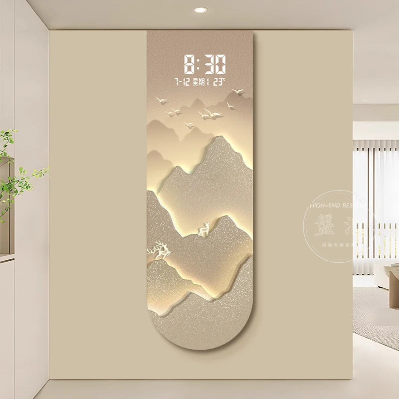 Sunlit Golden Mountain Entrance Decor Painting New Chinese Style Creative Touch-Sensitive Digital Clock High-End Living Room LED