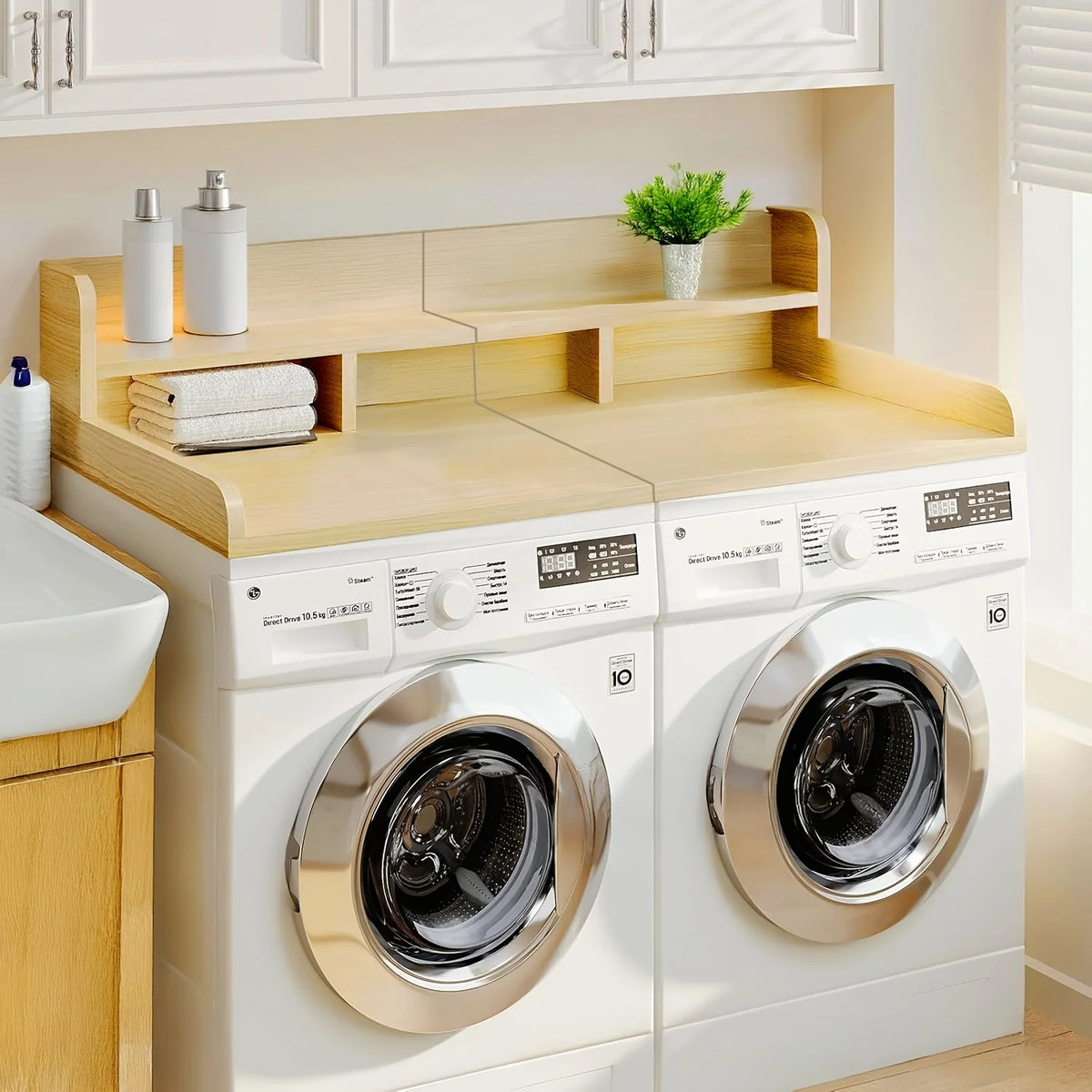 Washer Dryer Countertop Organizer | 54"x27.5" Wood Shelf Topper with Edge Guard | Double Layer Laundry Storage & Organization