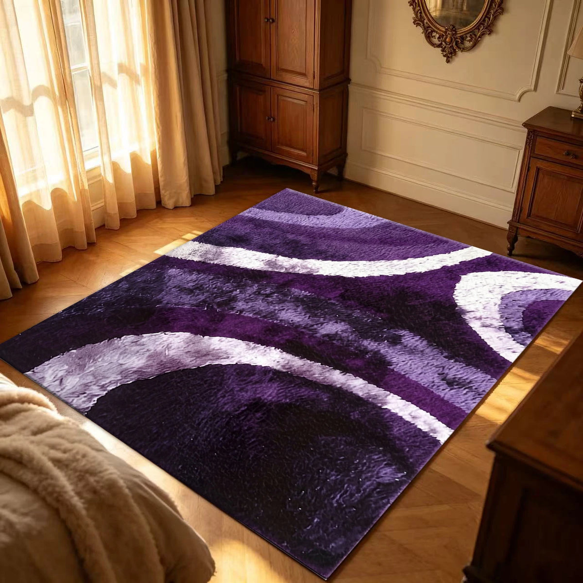 Luxury Plush Abstract Curve Area Rug Purple White Soft Fluffy Carpet for Bedroom Living Room Indoor Home Floor Decor