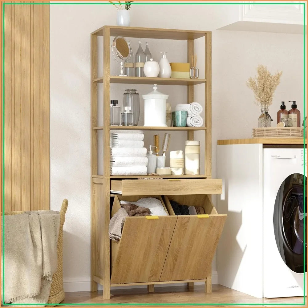 Double Tilt Out Laundry Hamper Cabinet with Drawer & Shelves, 2 Trash Cans, Brown