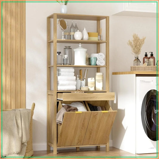 Double Tilt Out Laundry Hamper Cabinet with Drawer & Shelves, 2 Trash Cans, Brown