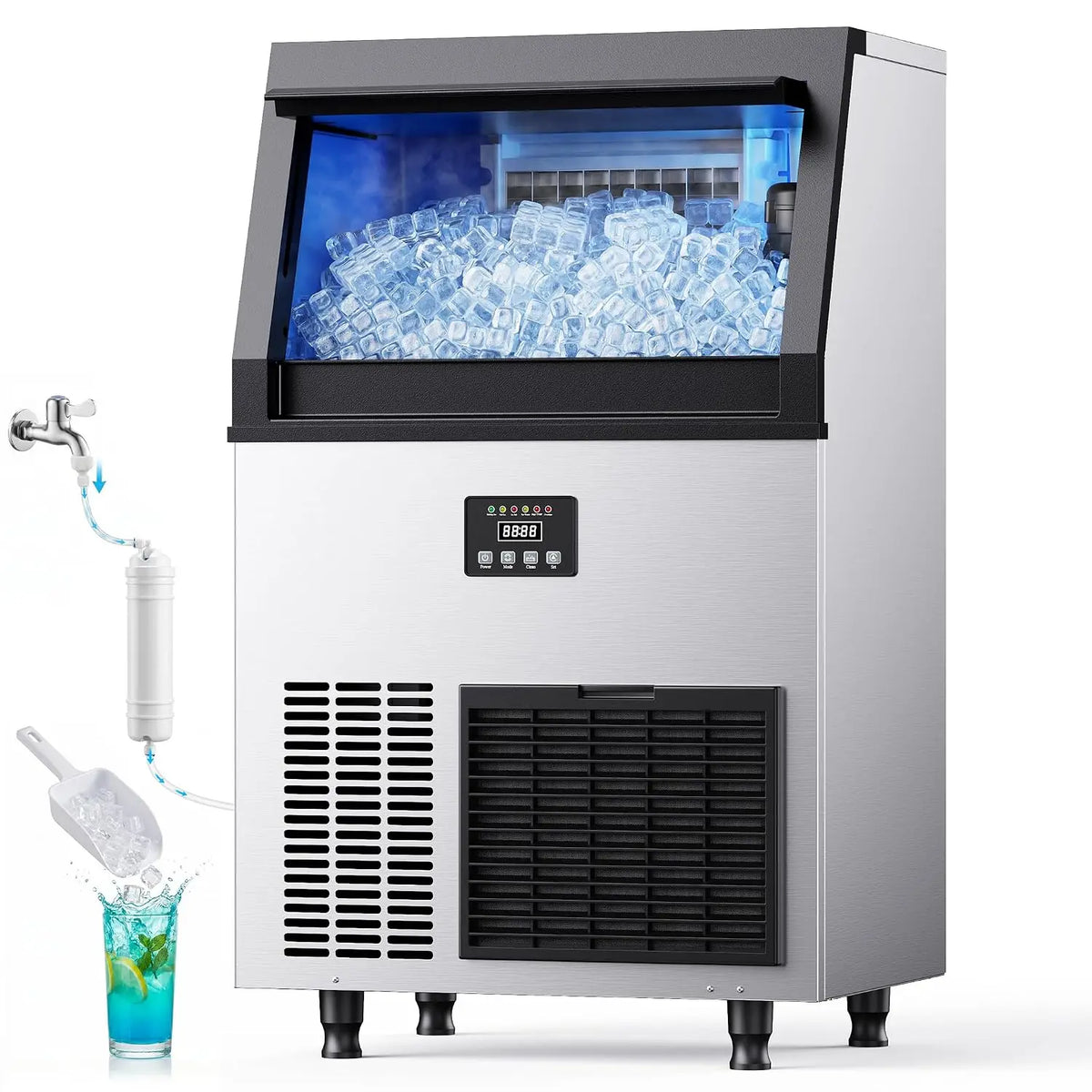 Commercial Ice Maker Machine, 200Lbs/Day Under Counter Ice Maker with 55 Lbs Storage, Stainless Steel Freestanding, Customized