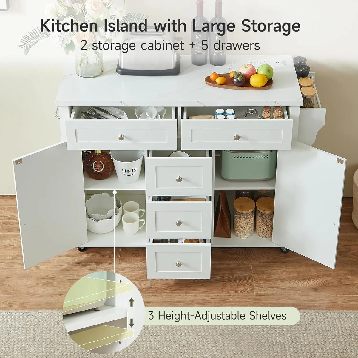 47" Rolling Kitchen Island Cart with Power Outlet | Movable Island Table & Storage Cabinet: White Marble Top, 5 Drawers + 2 Cabinets, Spice Rack, Free Tool Installation for Kitchen Craftsmanship