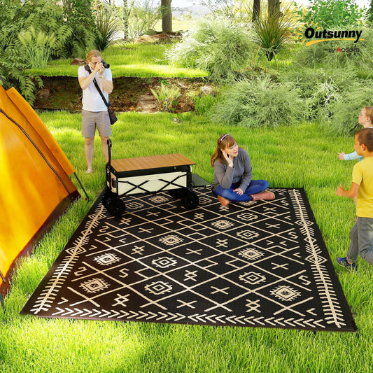 Outdoor Rug, 9' x 12' Floor Mat, Black Beige Rhombus