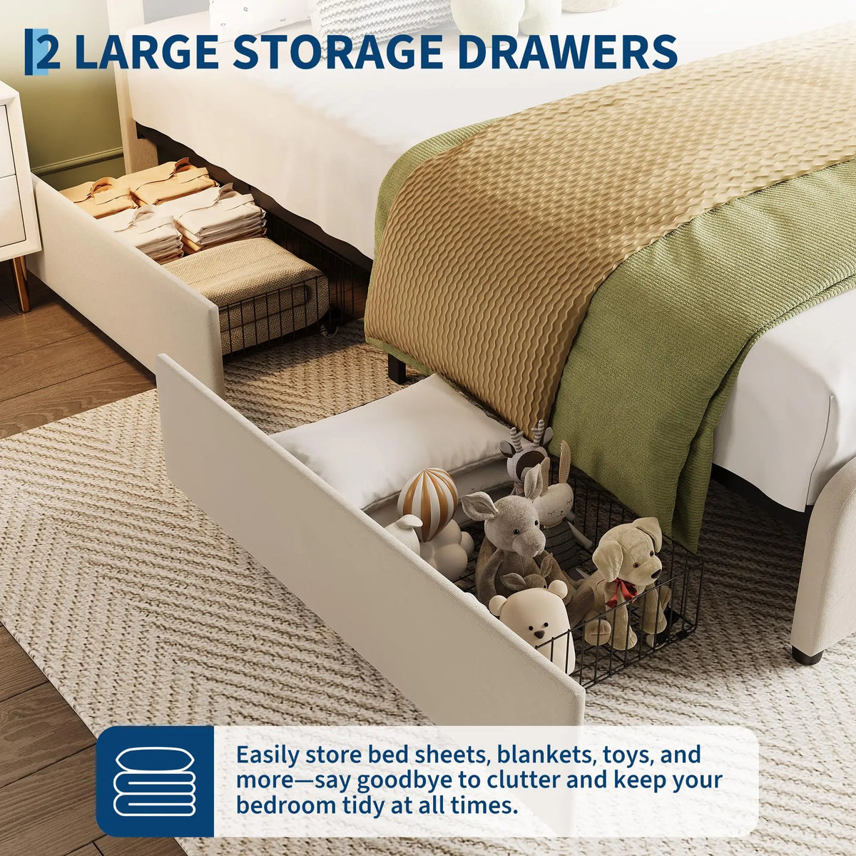 Twin Bed Frame With 2 Storage Drawers LED Lights Upholstered Platform Bed Adjustable Headboard No Box Spring Wood Slats