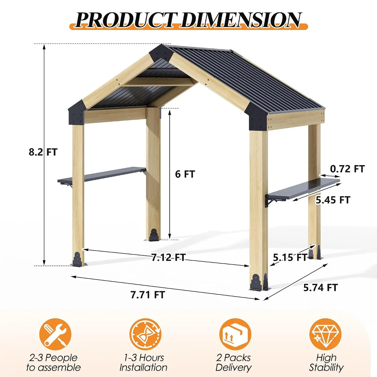 7.7'x5.7' Outdoor Grill Wood Gazebo - Hardtop Gazebo with 2 Side Shelves and Galvanized Steel Roof, Patio Wooden, Customized